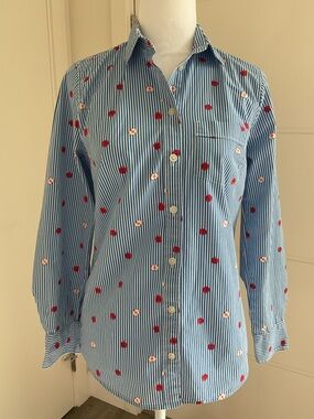 ** J.Crew ** Blue  & White Striped Button-Down Shirt with Red Apple Motif .